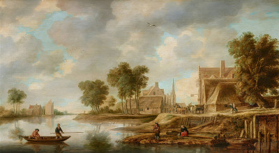 ₴ Репродукция пейзажа известного художника "Речной пейзаж с деревней, перед которой стоят две конные тележки"