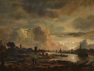 ₴ Репродукция пейзажа известного художника "Широкий речной пейзаж в лунном свете"