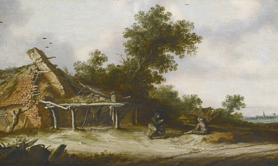 ₴ Репродукция пейзаж известного художника "Двое сидящих путников разговаривают у песчаной дороги перед разрушенной сараем, город с церковным шпилем вдали"