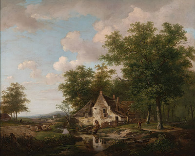 ₴ Репродукция пейзаж известного художника "Пейзаж с фермой среди высоких деревьев"