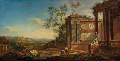 ₴ Репродукция пейзажа "Горный речной пейзаж с руинами"