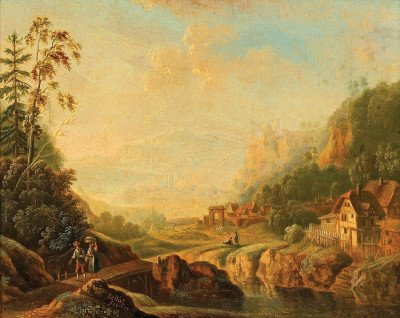 ₴ Репродукция пейзажа "Обширный речной пейзаж со странниками"