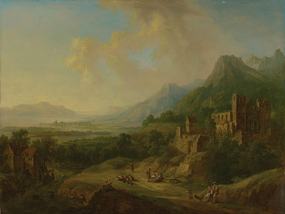 ₴ Репродукция пейзаж "Речная долина с руинами церкви и фигурами"