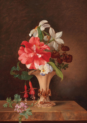 ₴ Репродукция цветочный натюрморт "Букет цветов с камелиями и нарциссами"