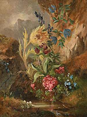 ₴ Репродукция натюрморт "Австрийский натюрморт с полевыми цветами у горного ручья"