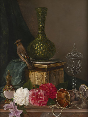 ₴ Репродукция цветочный натюрморт "Натюрморт с розами, стеклянным бокалом, серебряной чашей и сверистелем"