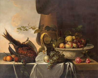 ₴ Репродукция натюрморт "Натюрморт с фазаном, ремером с лимоном и миской с фруктами"