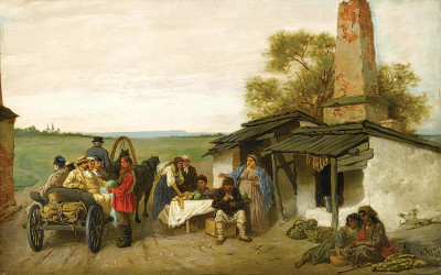 ₴ Репродукция бытовой жанр "Городским путешественникам предлагают фрукты в украинском придорожном доме"