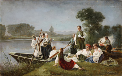 ₴ Репродукция бытовой жанр "Украинские крестьяне у берега реки"