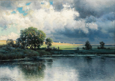 ₴ Репродукция пейзажа известного художника "Речной пейзаж в сумерках"