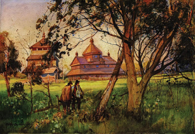 ₴ Репродукция пейзаж известного художника "Гуцульская церковь в местечке Зеленое"