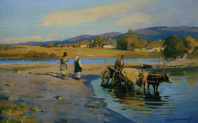 ₴ Репродукция пейзаж известного художника "На плотине, волы у брода"