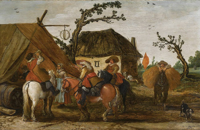 ₴ Репродукция бытовой жанр "Путешественники в гостинице пьют и курят верхом на лошадях"