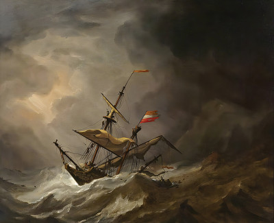 ⚓Репродукция морской пейзаж "Средиземноморская бригантина, дрейфующая на скалистое побережье во время шторма"