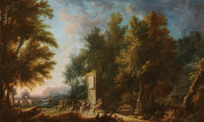 ₴ Репродукция пейзаж "Южный пейзаж с элегантной охотничьей компанией"