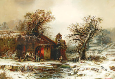 ₴ Репродукция пейзаж "Зимний пейзаж с кузницей"