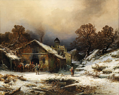 ₴ Репродукция пейзаж "Снежный пейзаж с домом"