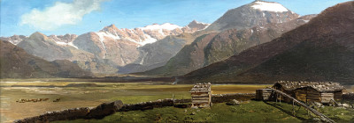 ₴ Репродукция пейзаж "Альпийские хижины на равнине с горным хребтом"