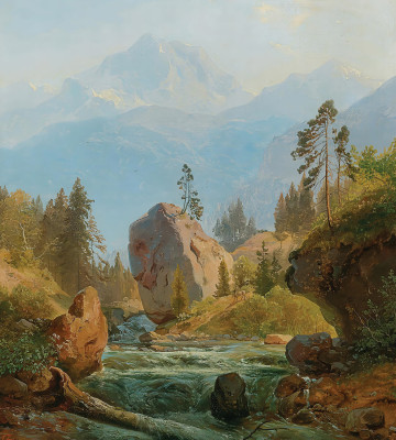 ₴ Репродукция пейзаж "Горный пейзаж с ручьем"