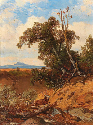 ₴ Репродукция пейзаж "Убегающий олень у предгорий Альп"