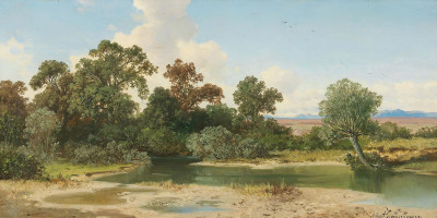 ₴ Репродукція краєвид "Відкритий ландшафт з передгір'ями Альп та струмком"