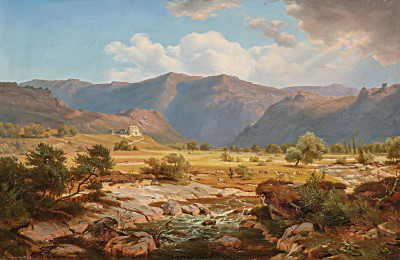 ₴ Репродукция пейзаж "Предальпийский ландшафт с часовней и пастухами"