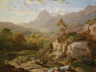 ₴ Репродукция пейзаж "Красные олени в широком горном ландшафте"