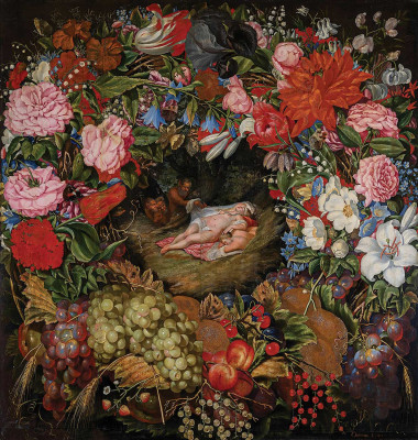 ₴ Репродукція натюрморт "Вінок з квітів та фруктів з центральною композицією за мотивами Рубенса"