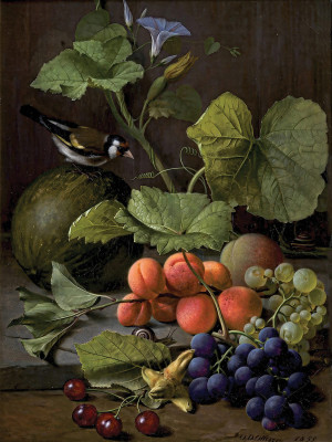 ₴ Репродукция натюрморт "Натюрморт с фруктами и щеглом"