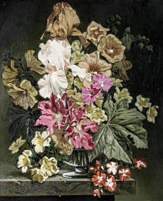 ₴ Репродукція квітковий натюрморт "Ірис з клематисом"