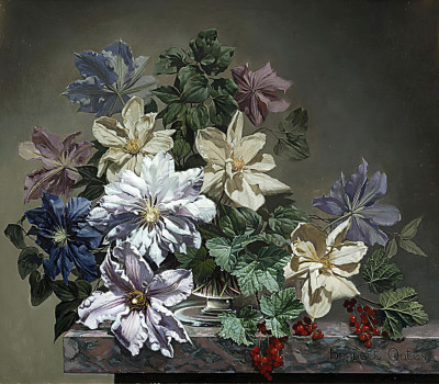 ₴ Репродукция натюрморт "Натюрморт с цветами в стеклянной вазе на мраморном выступе"