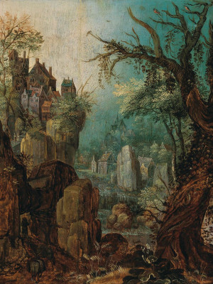 ₴ Репродукция пейзажа "Горный речной пейзаж с крестьянином, который ведет двух ослов и селом за ним"