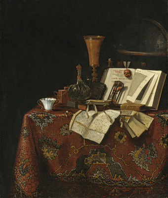 ₴ Репродукція натюрморт відомого художника "Натюрморт Vanitas з келихом, посудиною для вина, ісінським керамічним чайником, книгами, пісочним годинником, листами та глобусом на килимовому столі"