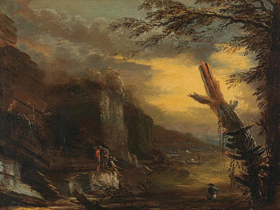 ₴ Репродукция пейзажа известного художника "Фигуры ловят рыбу в скалистом прибрежном ландшафте"