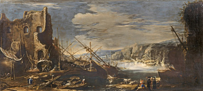 ₴ Репродукция пейзажа известного художника "Средиземноморский прибрежный пейзаж с кораблем"