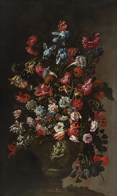 ₴ Репродукция цветочный натюрморт художника "Натюрморт с розами, лилиями, маками, ипомеями и другими цветами в скульптурной вазе"