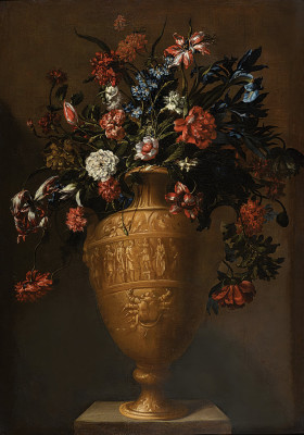 ₴ Репродукция цветочный натюрморт художника "Натюрморт с тюльпанами, гвоздиками, ирисами и другими цветами в резной урне в виде декоративного краба"