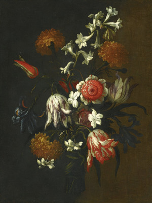 ₴ Репродукция цветочный натюрморт художника "Два натюрморта с тюльпанами, розами и другими цветами, связанными в пучки"