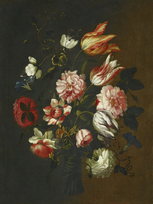 ₴ Репродукция цветочный натюрморт художника "Два натюрморта с тюльпанами, розами и другими цветами, связанными в пучки"
