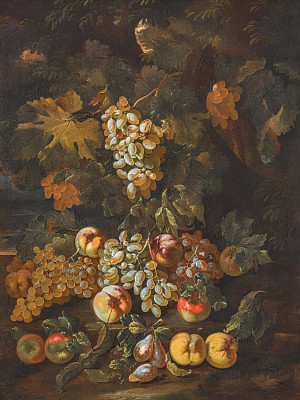 ₴ Репродукція натюрморт художника "Натюрморт з динею, яблуками, виноградом, персиками, айвою та сливами біля дерева"