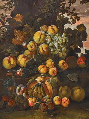 ₴ Репродукція натюрморт художника "Натюрморт з динею, яблуками, виноградом, персиками, айвою та сливами біля дерева"