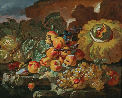 ₴ Репродукция натюрморт художника "Персики, яблоки, сливы и вишни возле тыквы, на каменном выступе"