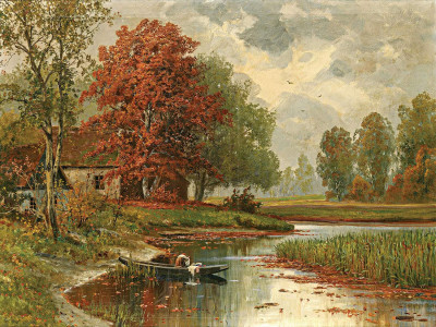 ₴ Репродукция пейзажа известного художника "Осенний речной пейзаж с прачкой"