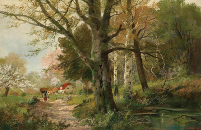 ₴ Репродукция пейзажа известного художника "Идиллическая весенняя сцена возле леса"