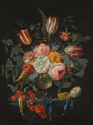 ₴ Репродукція квітковий натюрморт "Тюльпани, троянди та інші квіти у скляній вазі з черешнями та годинниками на виступі"