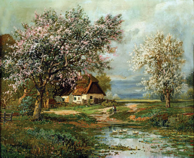 ₴ Репродукция пейзажа известного художника "Пейзаж с цветущими яблонями"