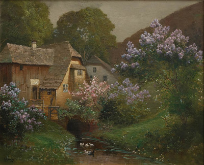 ₴ Репродукция пейзажа известного художника "Пейзаж с домом среди сирени"