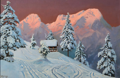 ₴ Репродукция пейзажа известного художника "Зимний альпийский закат"