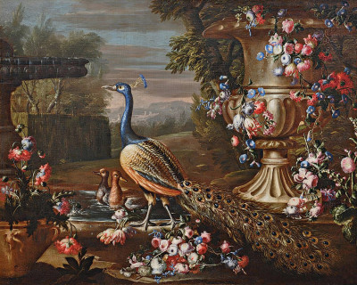 ₴ Репродукция натюрморт "Декоративный ландшафт с павлином и утками возле фонтана и цветочными гирляндами вокруг скульптурной урны"