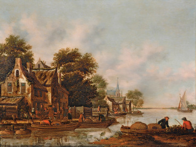 ₴ Репродукция пейзаж "Речной пейзаж с фигурами людей, загружающих рыболовные ловушки в лодки с берега возле деревни"